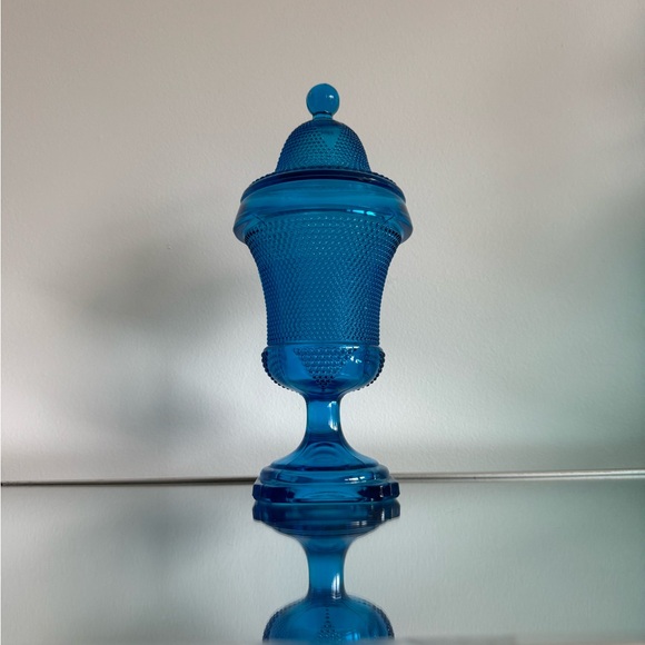 Vintage L.E. smith turquoise blue footed apothecary jar with lid - Picture 4 of 9